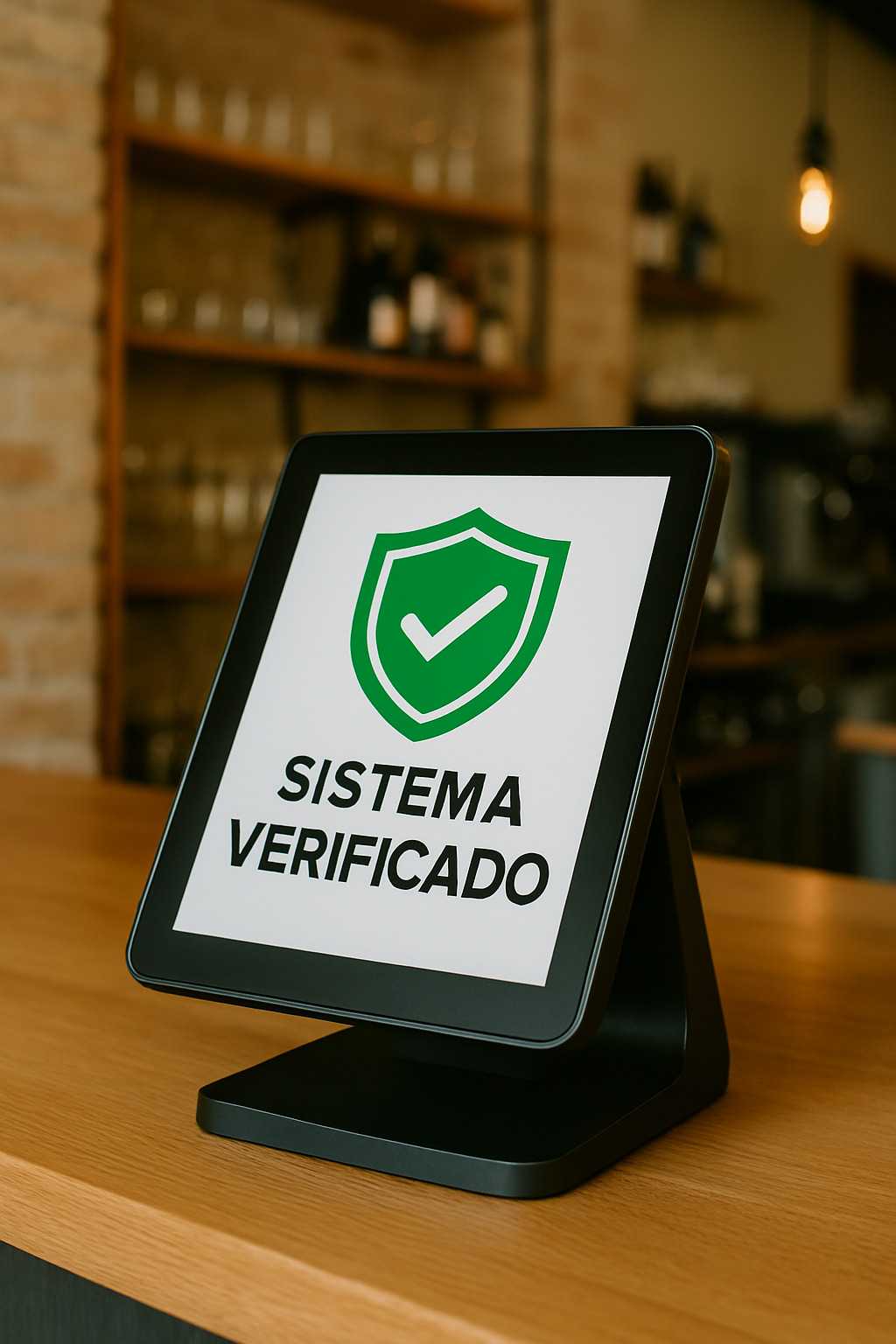 TPV en un mostrador con un escudo de verificación verde y el texto Sistema Verificado, mostrando el cumplimiento de la ley Verifactu.